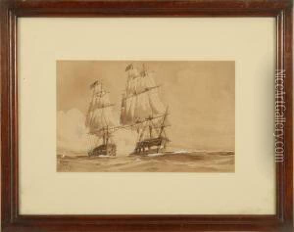 Naval Battle Between England And America. Oil Painting - Worden G. Wood