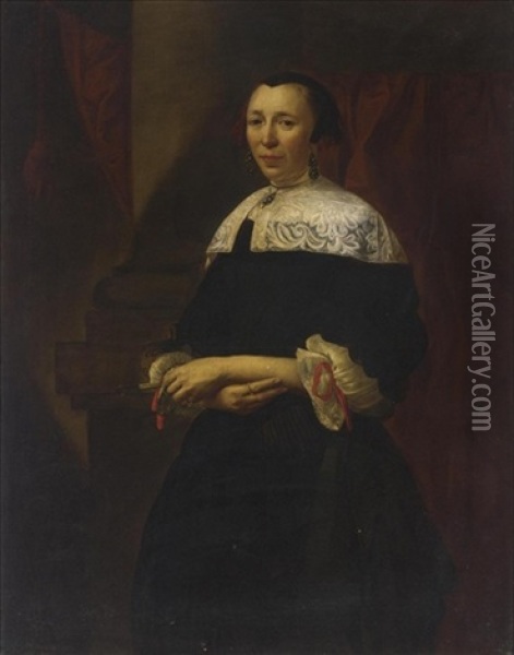 A Portrait Of A Lady, Standing Three-quarter Length, Wearing A Black Dress With A White Lace Collar And Lace Cuffs With Red Ribbons Oil Painting - Christoffel Pierson