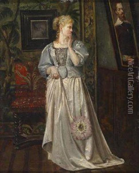 Lady In Ahistoricist Interior Viewing A Painting Oil Painting - Rogelio Egusquiza Y Barrena