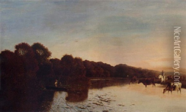 Anglers In A Punt And Cattle Watering On The Bend Of A River Oil Painting - Edwin Henry Boddington