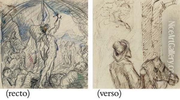 Nu Debout Tenant Une Epee (recto); Homme I Cheval Et Femme I La Fenetre (verso) Oil Painting - Paul Cezanne