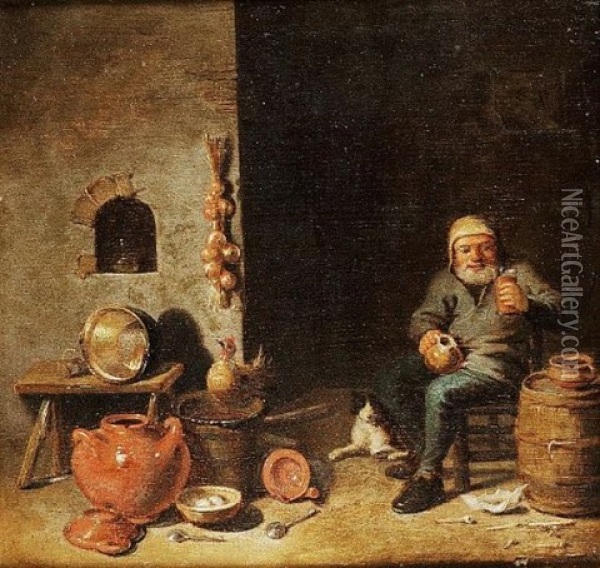 A Toper In A Kitchen Interior Oil Painting - Pieter Jacobsz Duyfhuysen