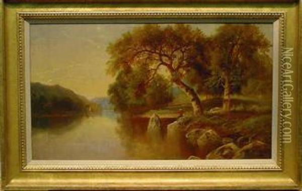 Fishing Along The River Oil Painting - Daniel Charles Grose