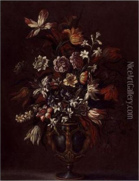 Still Life Of Flowers In A Sculpted Vase Oil Painting - Mario Nuzzi Mario Dei Fiori