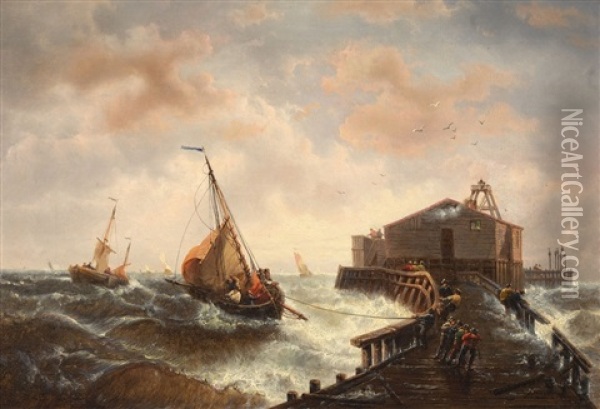 Segelboote Auf Sturmischer See Vor Einem Pier Oil Painting - Francois-Etienne Musin