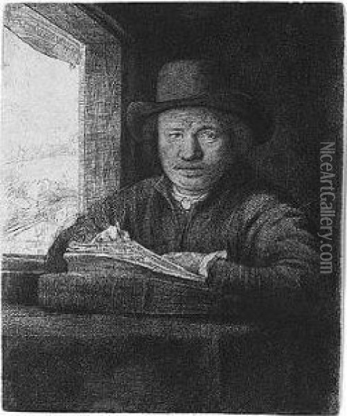 Self Portrait Drawing At A Window (b., Holl.22; H.229; Bb.48-a) Oil Painting - Rembrandt Van Rijn
