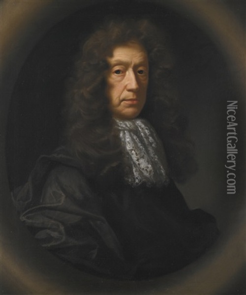 Portrait Of Edmund Waller, Half-length, In A Dark Coat And Lace Stock Oil Painting - John Riley