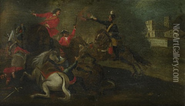 A Cavalry Skirmish In A Landscape (+ A Cavalry Battle Before A Town; Pair) Oil Painting - Christian Reder
