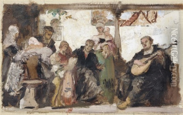 Am Marktplatz/ Die Vermahlung/ Luther Im Kreise Seiner Familie Musizierend (3 Works) Oil Painting - Ernst Hildebrand