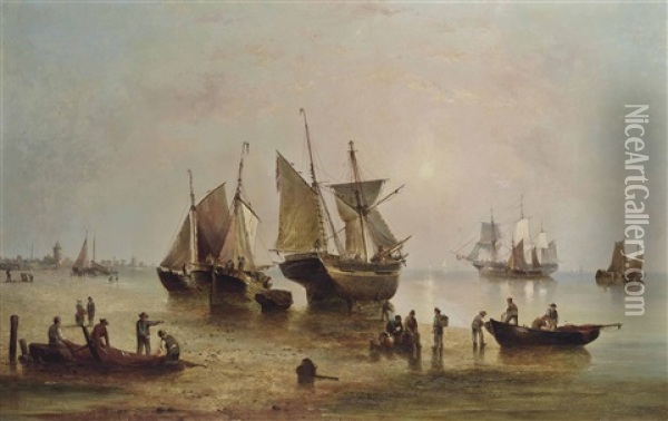Beached Fishing Barges At The End Of The Day With Fishermen Mending Their Nets And Sorting The Catch Oil Painting - Henry Redmore