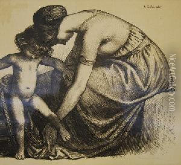Mother And Child; Lithograph Oil Painting - Randolph Schwabe