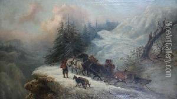 The Return From The Hunt In Winter Oil Painting - Alexis de Leeuw