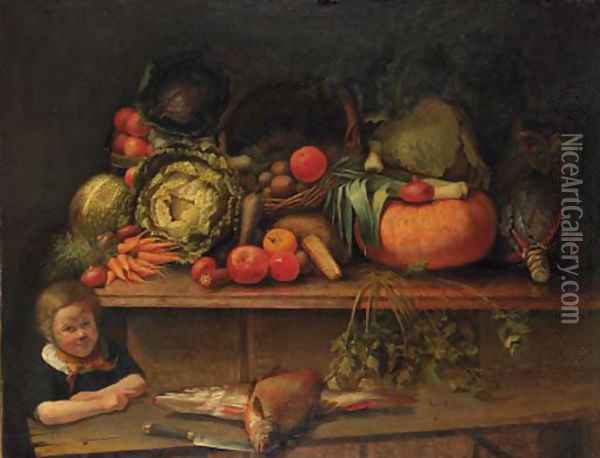 A boy standing by a kitchen still life Oil Painting - Jan Derk Huibers