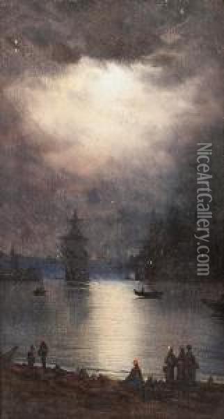 Paar Marinebilder:'schiff In Sturmischer See' Und 'hafenszene Mit Booten Beinacht' Oil Painting - Ivan Konstantinovich Aivazovsky