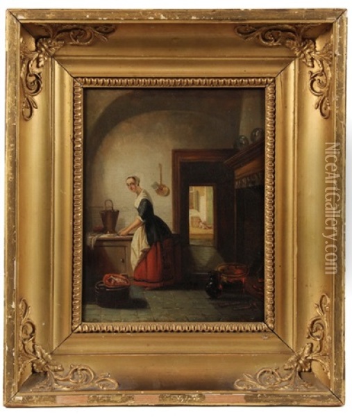 Maid At Work In Kitchen Oil Painting - Johannes Antoine Balthasar Stroebel