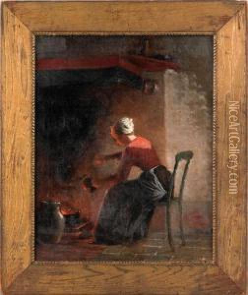 Interior Scene Depicting A Woman Sitting In The Glowof A Hearth Oil Painting - Enoch Wood Perry