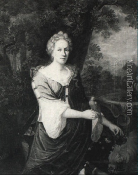 Portrait Of A Lady Holding A Parakeet Near A Fountain Oil Painting - Barend Van Kalraet