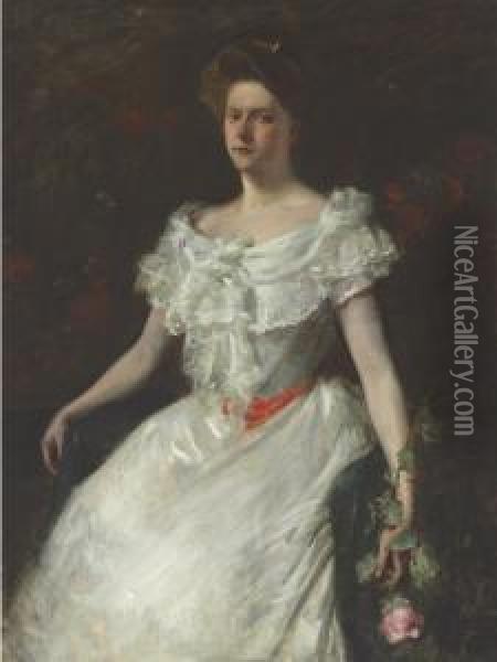 Portrait Of A Lady With A Rose (miss M.s. Lukens) Oil Painting - William Merritt Chase