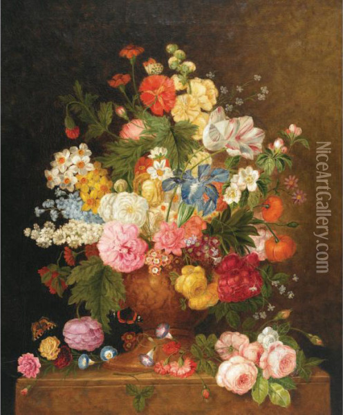 Floral Study With Butterflies Oil Painting - Jan Van Huysum