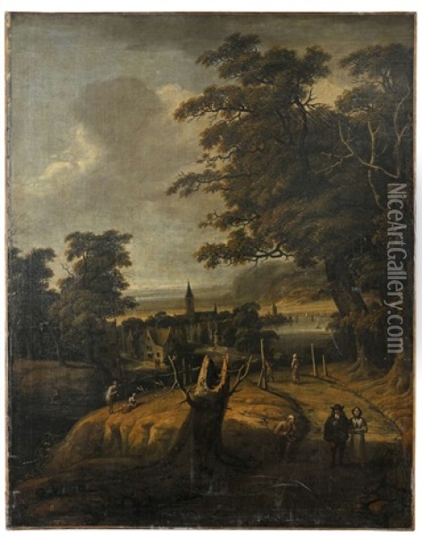 Wooded Landscape With Figures, A Village By A Lake In The Background Oil Painting - Jan Looten