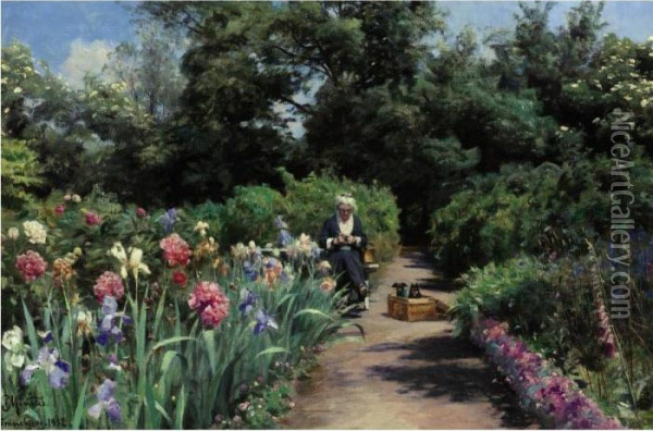 Knitting In The Garden Oil Painting - Peder Mork Monsted