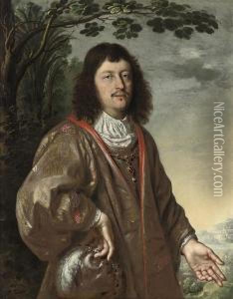Portrait Of A Gentleman, Three-quarter-length, In A Goldembroidered Mantle, A Plumed Cap In His Right Hand, In Alandscape Oil Painting - Jan Rutgers Van Niwael