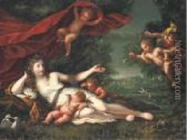 Venus And Cupid With Attendant Putti, A Classical Landscapebeyond Oil Painting - Henri Gascard