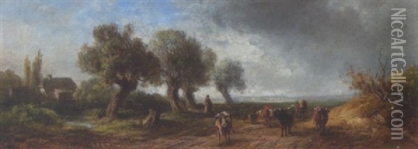 Hirtin Mit Kuhherde In Weiter Landschaft Oil Painting - Eduard Schleich the Elder