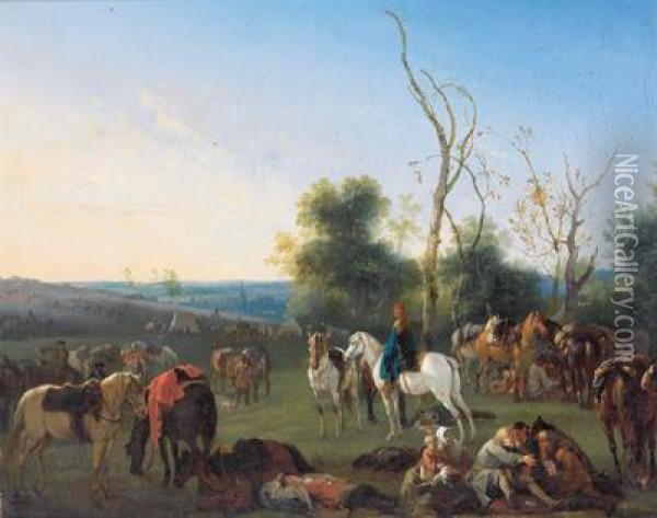 Un Accampamento Con Cavalieri A Riposo Oil Painting - Jan von Huchtenburgh