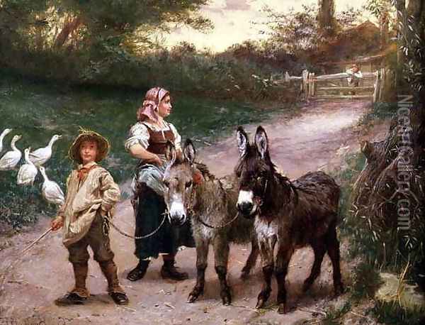 Peasant Children with Donkeys Oil Painting - Edgar Bundy