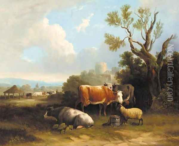 Cattle and sheep resting in a landscape, a castle beyond Oil Painting - Charles Towne