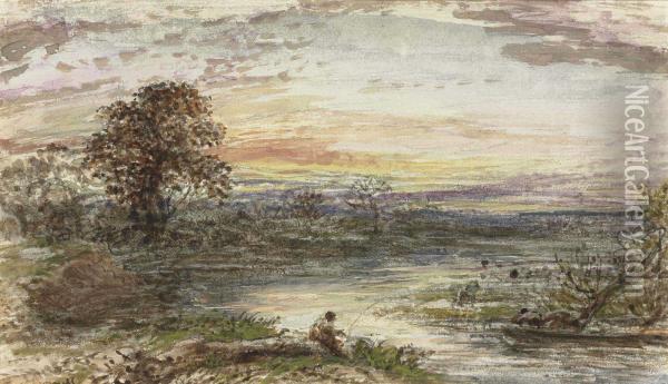 An Angler By A River At Sunset Oil Painting - John Linnell