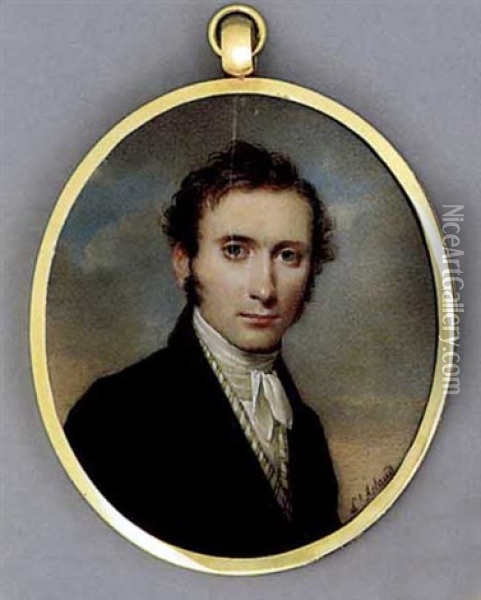 A Young Gentleman, In Black Coat, Yellow Striped White Waistcoat And Knotted Cravat, Sky And Cloud Background Oil Painting - Louis Ami Arlaud-Jurine