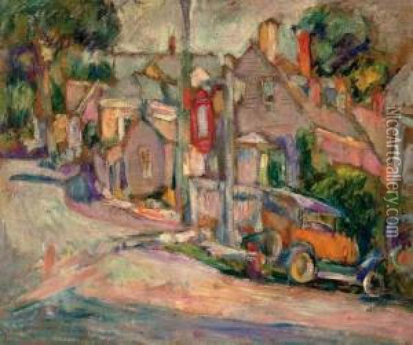 City Street With Red Car Oil Painting - Abram Anshelevich Manevich