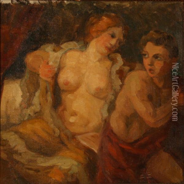 A Woman Exposing Herself In Front Of A Younger Man Oil Painting - Soren Sorensen