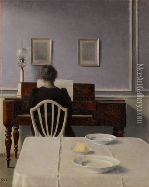 Interior With Woman At Piano, Strandgade 30 Oil Painting - Vilhelm Hammershoi
