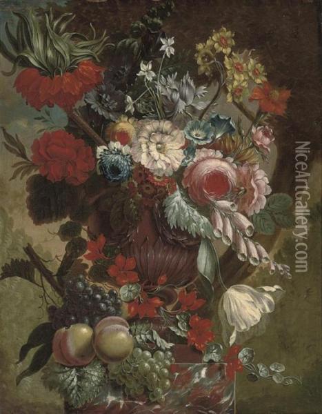 Roses, Narcissi, Convolvulus, 
Amaryllis And Other Flowers In A Sculpted Urn, On A Marble Plinth Oil Painting - Jan Van Huysum
