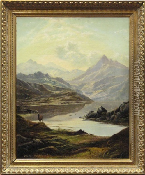 Stag In A Mountain Landscape Oil Painting - Charles Leslie