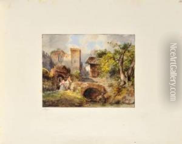 Paysans Traversant Le Pont D'un Village Oil Painting - Frederico Moja