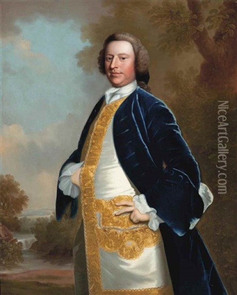 Portrait Of William Morrice Of Belshanger, Kent (1708-1758), Three-quarter-length, In A Blue Velvet Coat And An Embroidered Waistcoat, A Landscape With A Waterfall Beyond Oil Painting - Thomas Hudson