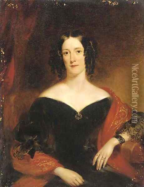 Portrait of Marie Louise McMullin, nee Lenferna de Laresta, seated three-quarter-length, in a black dress and red shawl Oil Painting - John Wood
