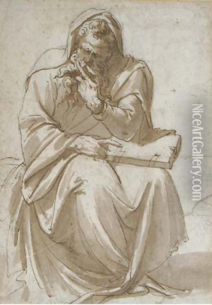 A Seated Prophet Holding A Book Oil Painting - Girolamo Muziano