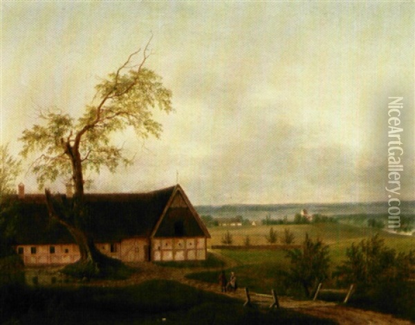 Landskab Med Hojtliggende Bondegard Oil Painting - Frederik Michael Ernst Fabritius de Tengnagel