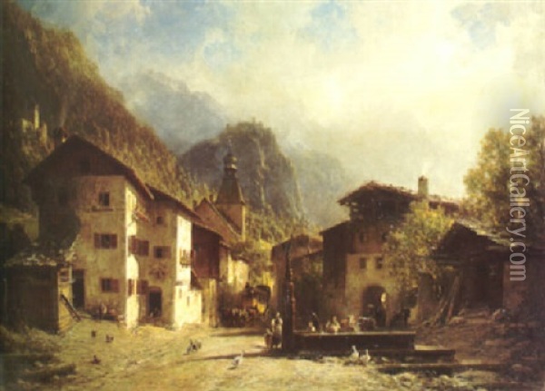 An Alpine Village Scene With The Arrival Of A Stagecoach And Figures By A Well With Mountains Beyond Oil Painting - Julius Lange