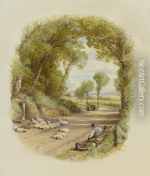 A Country Road With Shepherd Resting With His Sheep By A Spring Oil Painting - Myles Birket Foster