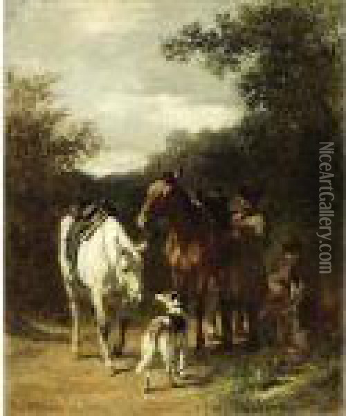Two Hunters With Their Horses And Dogs In A Wooded Landscape Oil Painting - Carl Suhrlandt
