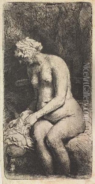 Woman Bathing Her Feet At A Brook Oil Painting - Rembrandt Van Rijn