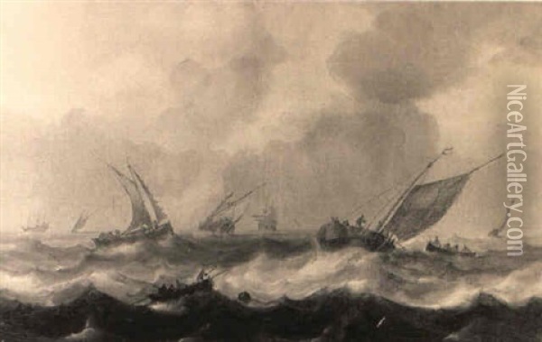 Rowing Vessels And Smalships In Choppy Seas Oil Painting - Willem van Diest