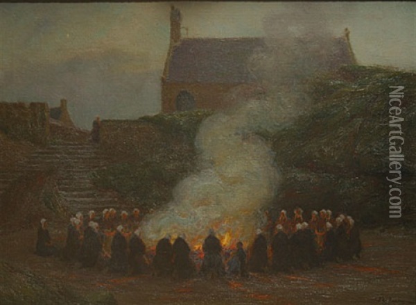 Rondom Het Sint-jansvuur (autour De Feu Saint-jean) Oil Painting - Edgard Farasyn