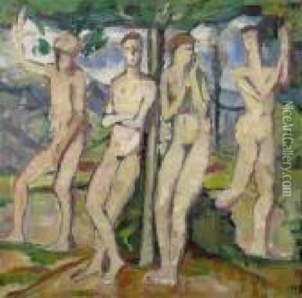 Four Figures In A Landscape. Oil On Canvas. Monogrammed Lower Right: Hb. Oil Painting - Hans Bruhlmann